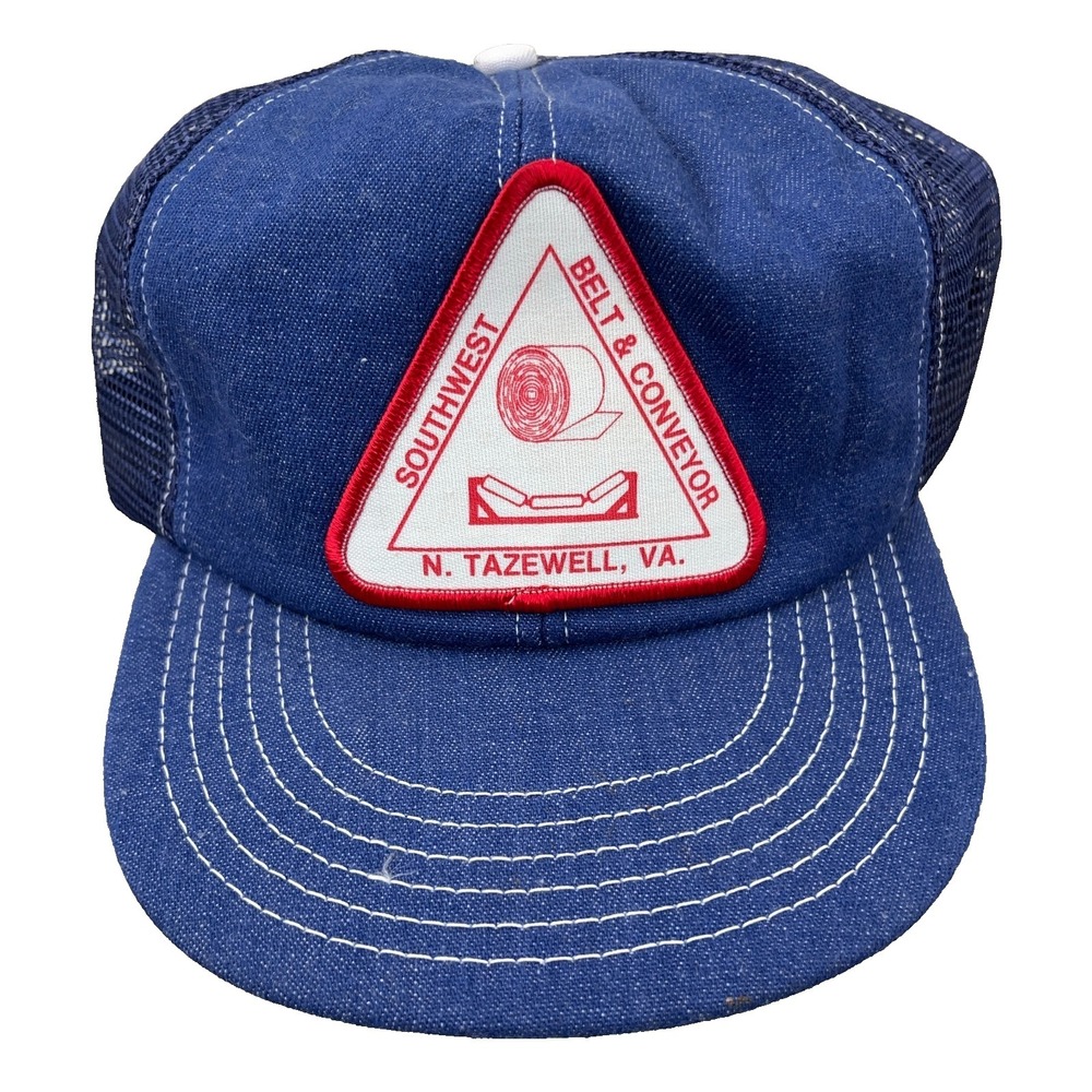 Vintage Denim Trucker Hat Made In USA Cap Snap Back Blue Jean Mesh Patch 80s 90s